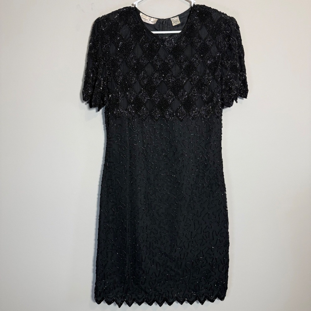 Laurence Kazar Beaded Silk Dress Women PM Black Vintage Sequin Gala Evening Wear